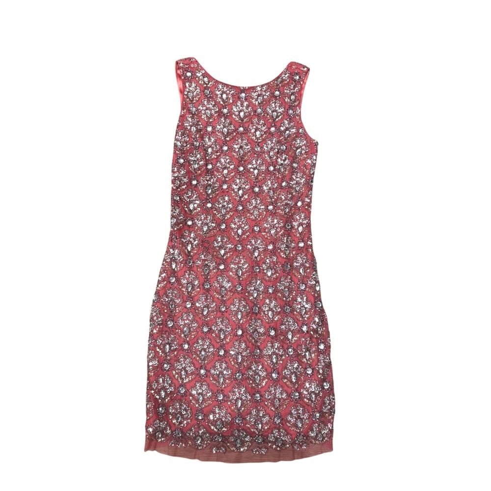 Aidan‎ Mattox Coral Pink Beaded Sequin Cocktail Dress Size 4 Sleeveless V-Back